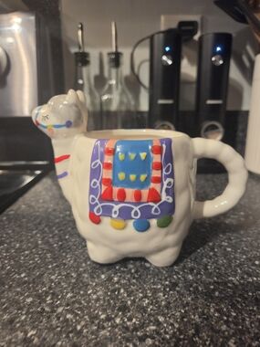 White Ceramic Llama Mug with Colorful Saddle